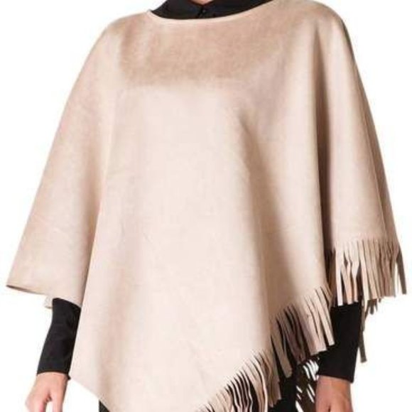 Southwestern Fall Poncho Women's Size XL Fringed Trim Neutral Faux Suede Boho - Picture 13 of 13